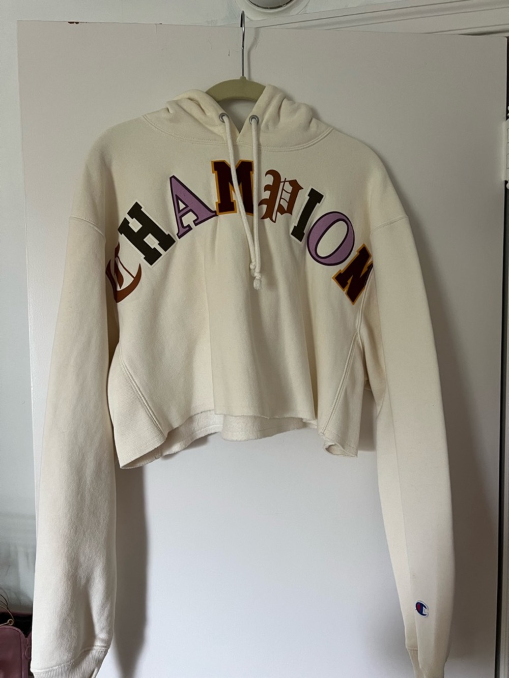 Champion Cream Hoodie with Maroon and Gold Graphic
